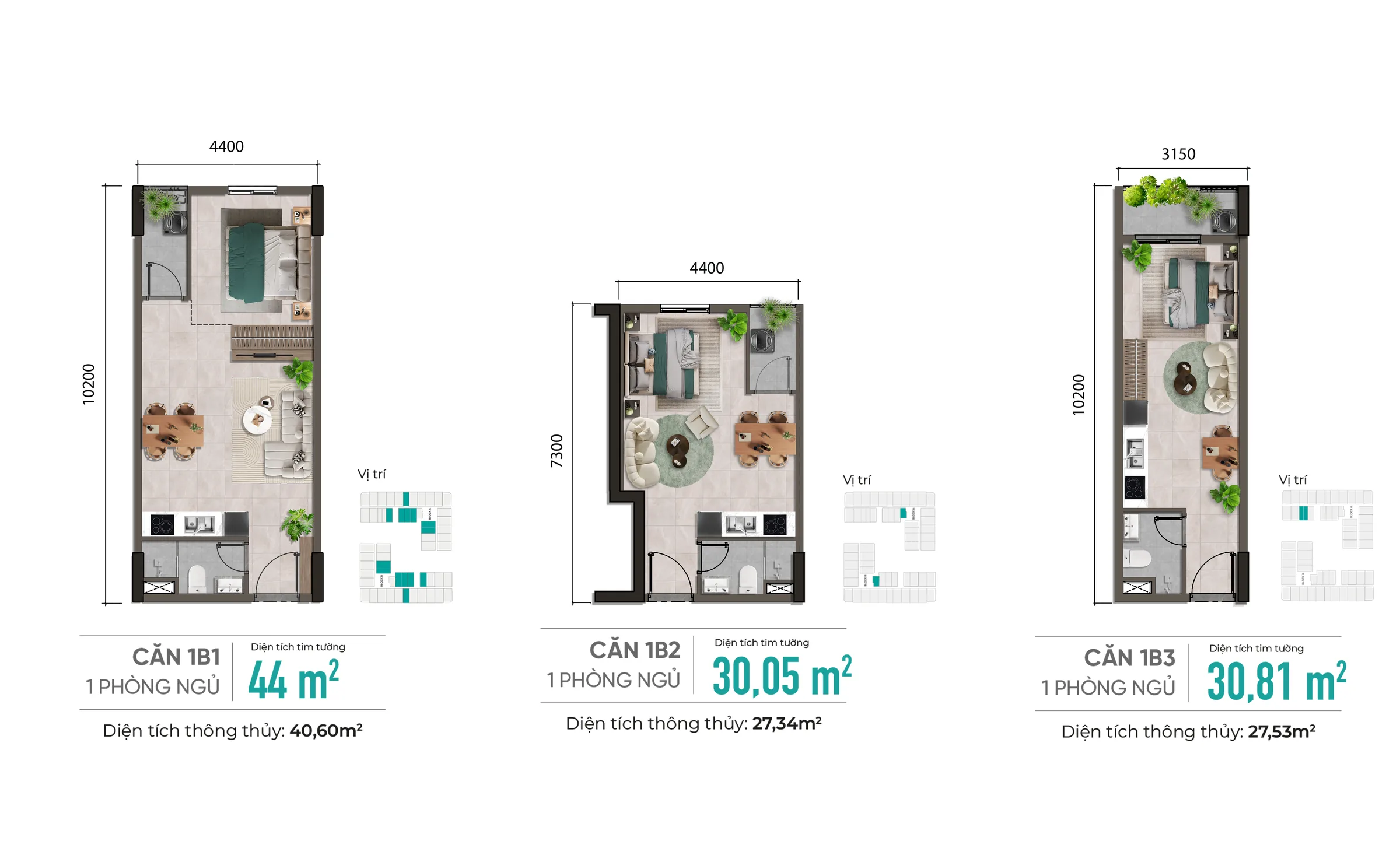 Mặt bằng căn hộ 1 phòng ngủ 1B1, 1B2, 1B3